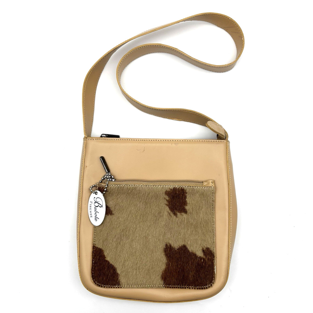 Vintage 90s Y2K Bubola Firenze Beige Leather Cowhair Shoulder Bag 8x8" - FLAWED